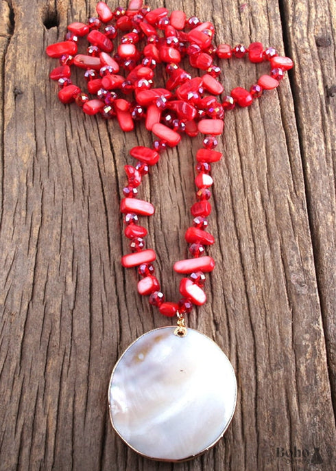 Boho Necklace, RH Pink Rose Crystal Shell